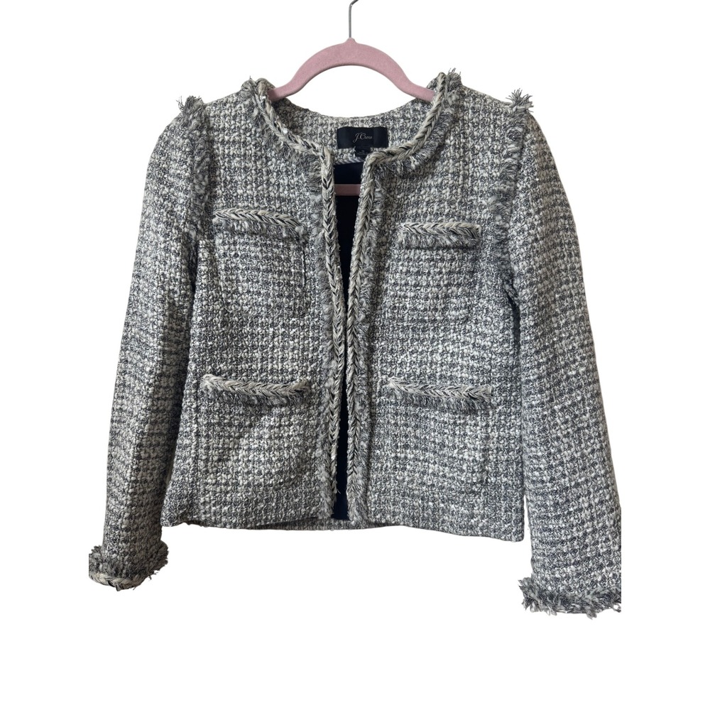 J.Crew Lady Jacket Black White Tweed Braided Trim Fringe Open Front Blazer 8 - Picture 2 of 7